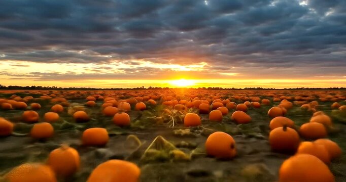 Vast pumpkin patch at sunset with a dramatic sky and golden light
