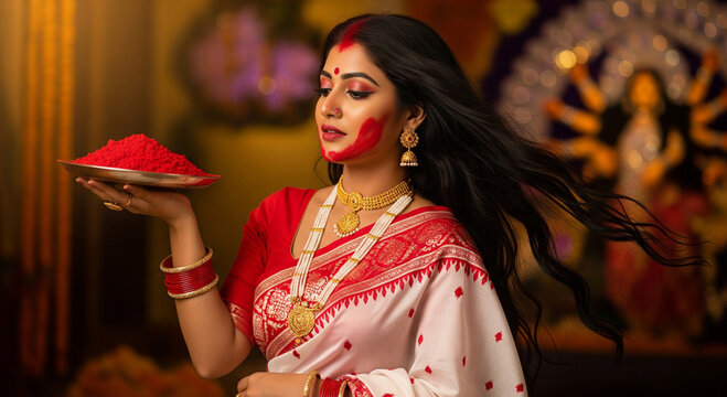 A woman wearing a traditional red and white saree in durga puja pandal with religious decorations. Her face is decorated with red vermilion, and she holds a plate of red vermilion in her hands.