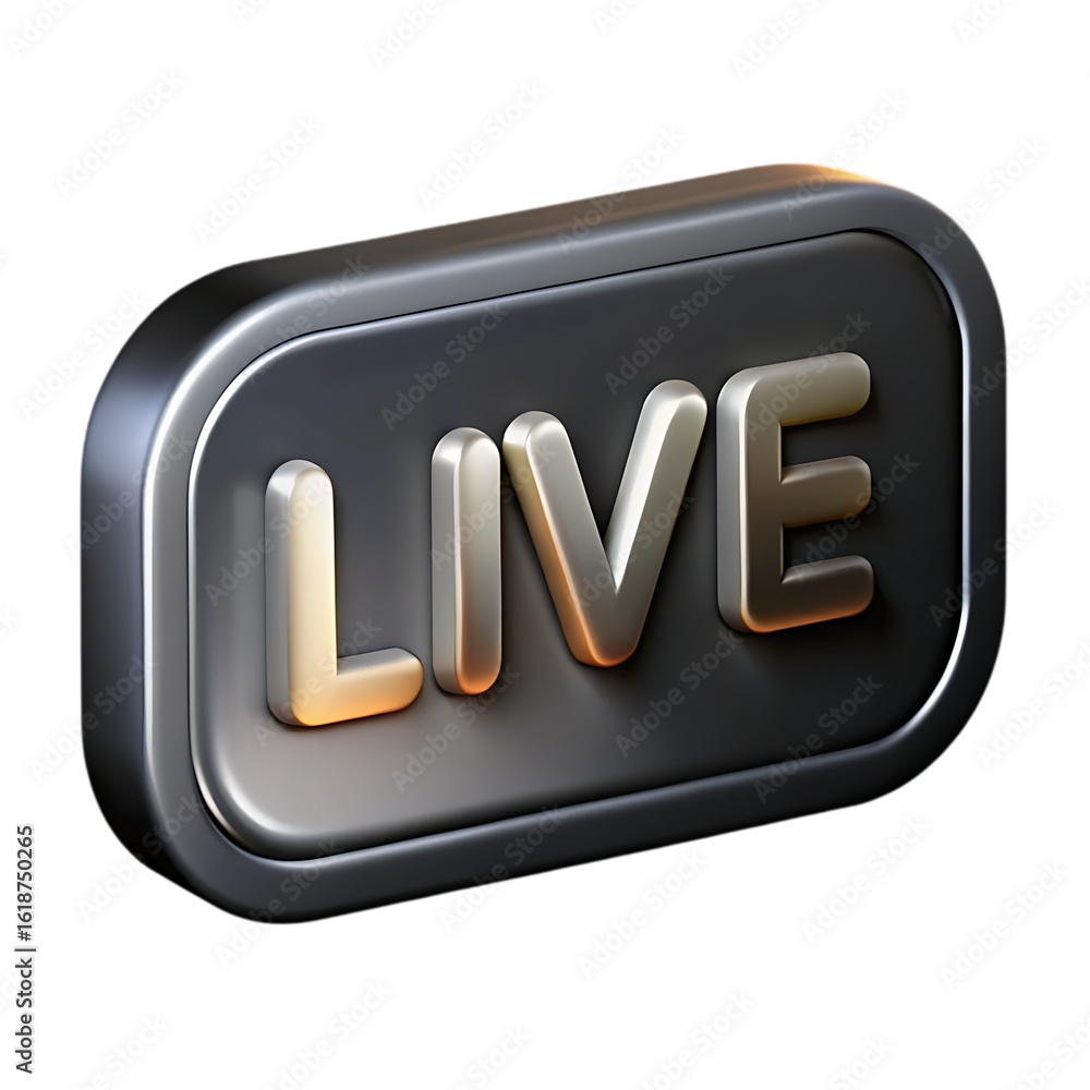 Poster 3d metallic word live on a dark rounded rectangle button isolated on transparent background