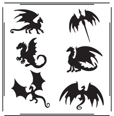 Dragon Silhouettes Set - Flying and Standing Dragon Icons, Fantasy Creature Illustrations, Mythical Beast Graphics for Fantasy, Adventure, and Creative Use