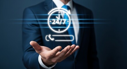 Professional offering 24/7 customer service support with a glowing clock and phone icon for immediate assistance
