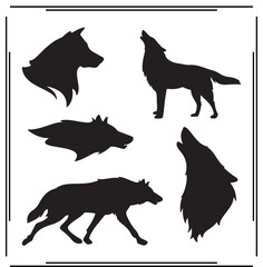 Wolf Silhouettes Set - Howling and Walking Wolves, Wild Animal Icons, Canine Graphics, Nature and Wildlife Design Elements for Creative and Commercial Use