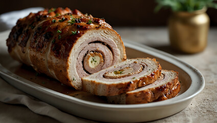 A serving dish holding roast pork roulade.