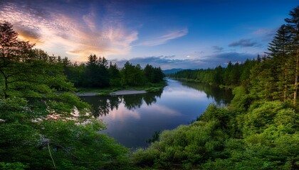 Naklejka premium river winds through lush green hills at sunset