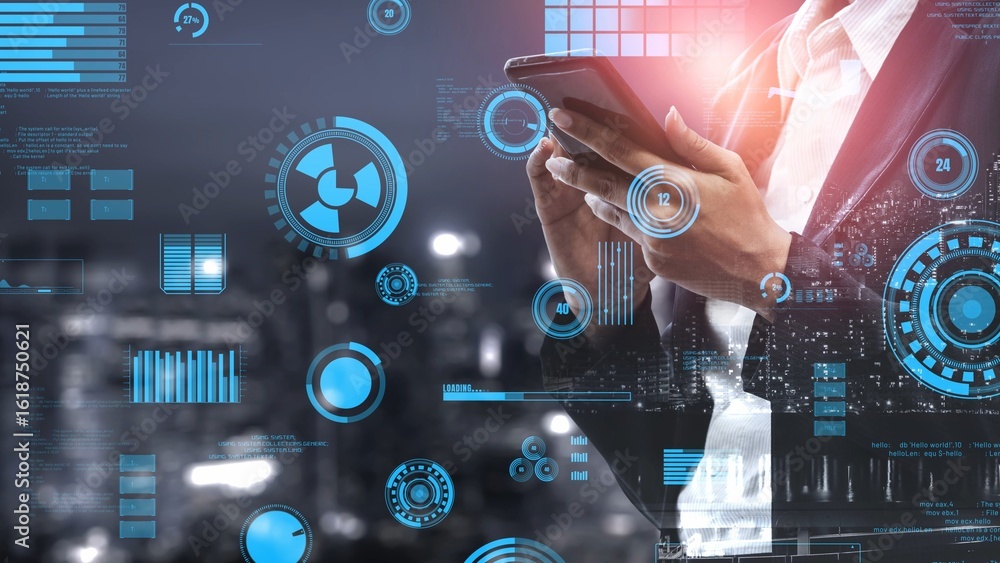 Poster a businessman engaged with a smartphone while surrounded by floating data visuals and analytics, set