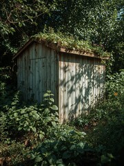 A weathered wooden shed with a green roof surrounded by lush vegetation in a garden setting outdoors