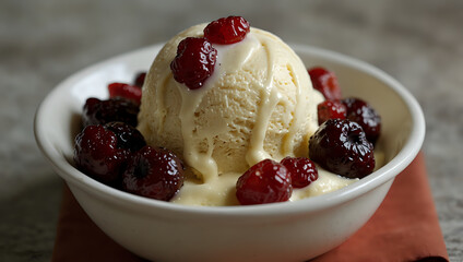 Vanilla ice cream topped with dried cranberries.