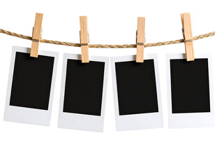 Four Polaroid-style photos clipped to a twine string with wooden clothespins isolated 