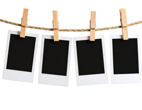 Four Polaroid-style photos clipped to a twine string with wooden clothespins isolated 