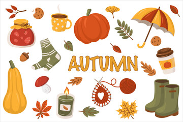 Fall vector elements set. Cozy fall stickers. Leaves, pumpkins, fall clothes, umbrella, tea. The inscription autumn. Isolated background. Illustration in the hand drawn style.