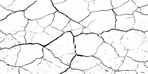 Black and white cracked texture resembling dry, parched earth or aged concrete. High-contrast grunge pattern ideal for backgrounds, distress overlays, or abstract design elements.