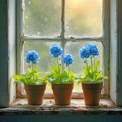 Three pots with vibrant blue forget-me-not flowers sit on a rustic windowsill, creating a serene and fresh atmosphere 