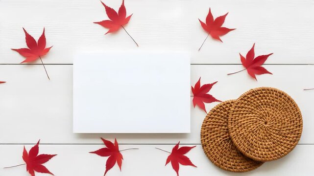 Autumnal arrangement with red maple leaves and brown woven coasters surrounding a blank white card on a white wooden background perfect for text placement.