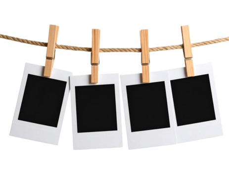 Four Polaroid-style photos clipped to a twine string with wooden clothespins isolated