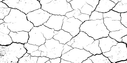 Black and white cracked texture resembling dry, parched earth or aged concrete. High-contrast grunge pattern ideal for backgrounds, distress overlays, or abstract design elements.