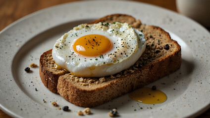 Multigrain toast with a poached egg on top.