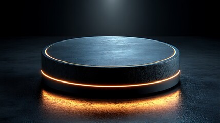 Circular, dark gray pedestal with glowing orange ring.
