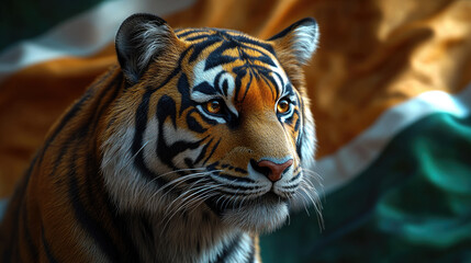 majestic beautiful tiger on indian flag background, indian independence day, august 15, symbol of the country, wild animal, jungle