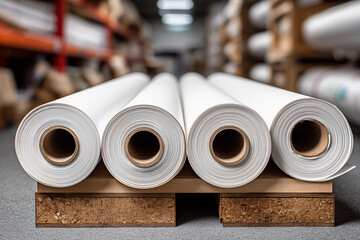 High-quality white polyester banner material rolls on display at a print shop, showcasing various printing options for customers in the printing industry