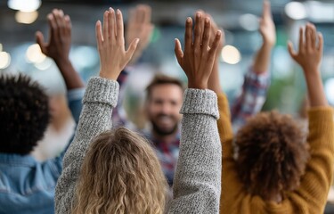 A group of diverse businesspeople standing in an office, all reaching up with their hands to the sky as if they were praying or celebrating something together