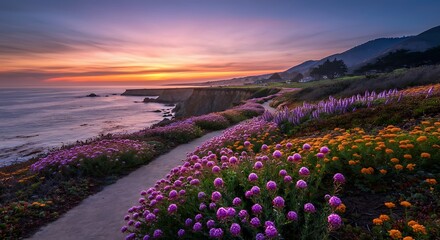Coastal Sunset Path with Vibrant Wildflowers along the Pacific Ocean Shoreline and Dramatic Sky