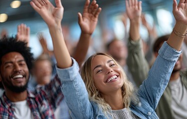 A group of diverse businesspeople standing in an office, all reaching up with their hands to the sky as if they were praying or celebrating something together