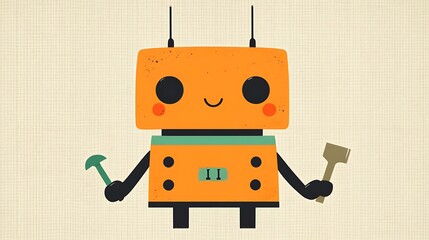 Cute orange robot holding a tool.