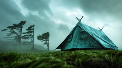 A blue tent stands resilient against the stormy skies, surrounded by tall trees swaying in the wind, evoking a sense of adventure and wilderness.