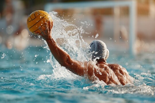 Male water polo player throwing ball in dynamic action during competitive match in pool