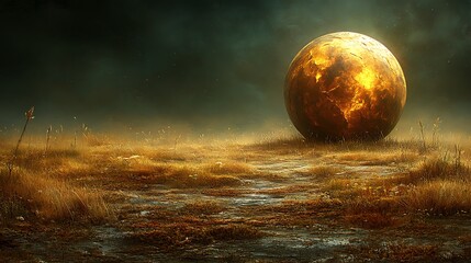 Golden sphere rests amidst a desolate field.