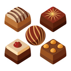 Isometric Assortment of Chocolate Candies with Various Toppings and Designs Featuring Stripes Nuts a Cherry and a Starburst Pattern Ideal for Confectionery or Dessert Themes