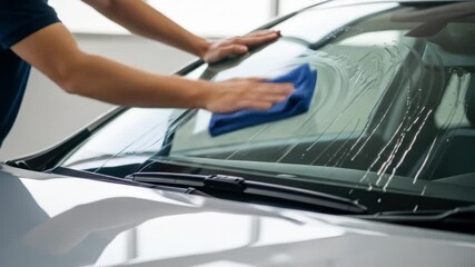 Hand cleaning vehicle windshield with blue cloth, automotive care routine in progress