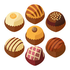 A delightful assortment of seven gourmet chocolate truffles each uniquely decorated with various toppings and patterns arranged in a circular formation against a clean white