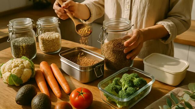 Girl builds meal prep bowl and meal prep bowl shows meal prep bowl full of grains carrot avocado broccoli tomato. Concept mindful balanced nutrition.