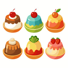 A colorful assortment of six cartoon style puddings each uniquely decorated with cherries strawberries cream and stylized toppings set against a clean white background evoking