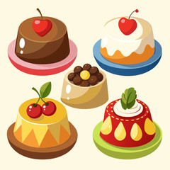 A colorful collection of five cartoon style desserts each uniquely decorated and sitting on its own plate creating a delightful and whimsical culinary display against