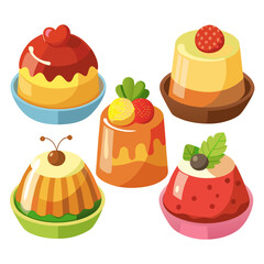Colorful Cartoon Jelly Desserts An Assortment of Flavors and Toppings Featuring Heart Berries and Mint Presented on Individual Plates Perfect for Sweet Treats and Delightful