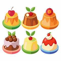 A delightful collection of six cartoon desserts each a unique and colorful confection perfect for illustrating a menu recipe or sweet treat themed design project