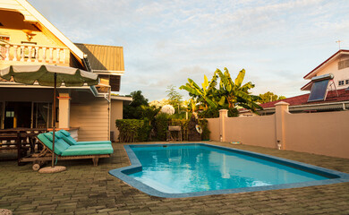 Mahe, Seychelles - 14 June 2021: Resort villa wit ha swimming pool on the island of Mahe