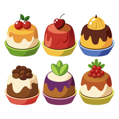 A colorful collection of six cartoon desserts each uniquely decorated with cherries berries chocolate and leaves presented on vibrant plates against a clean white background
