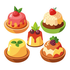 Isometric Dessert Collection A delightful assortment of five puddings each uniquely decorated with fresh fruit and vibrant colors presented on individual serving dishes against a