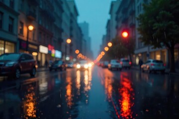 Fototapeta premium Dramatic Cityscape in Heavy Rain Blurred Lights, Moody Atmosphere, Perfect for Film, Animation & Design Backgrounds