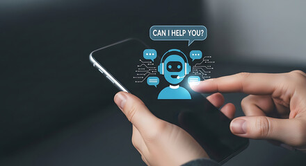 Person using a smartphone to interact with an ai chatbot asking can i help you