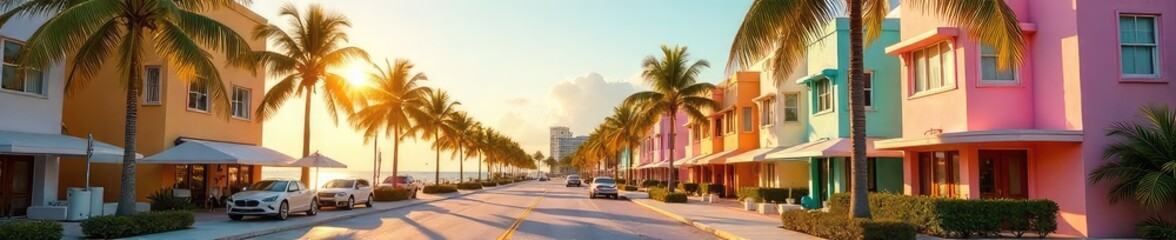 Fototapeta premium Golden Rays on Art Deco Architecture, Miami Beach Pastel Buildings and Swaying Palms Reflect the Classic South Florida Sunshine