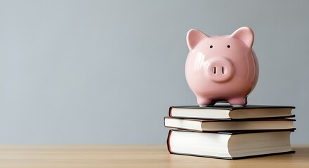 Pink Piggy Bank Sitting on Stack of Books Concept for Education Savings and Financial Planning for Future Learning