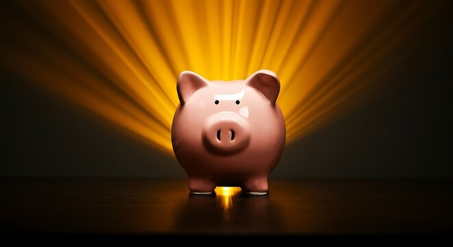 Piggy Bank illuminated by golden rays representing savings financial planning and investment success concept with secure monetary future