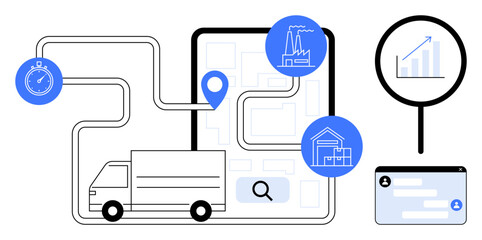 Delivery truck following optimized route on digital map, with location pin, stopwatch, magnifying glass, factory, warehouse, growth chart, and chat. Ideal for supply chain analytics e-commerce