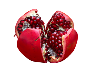 Ripe pomegranate revealing juicy red arils isolated on a transparent background fruit seeds