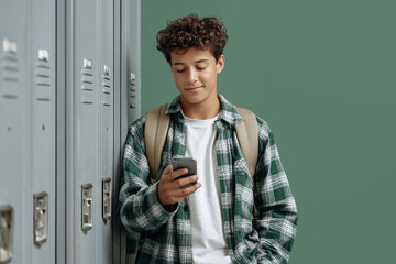 Student leaning on lockers, using smartphone in school hallway
