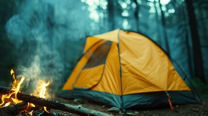 An orange camping tent set up amidst a misty forest, glowing softly in the evening light, with a warm campfire crackling nearby.
